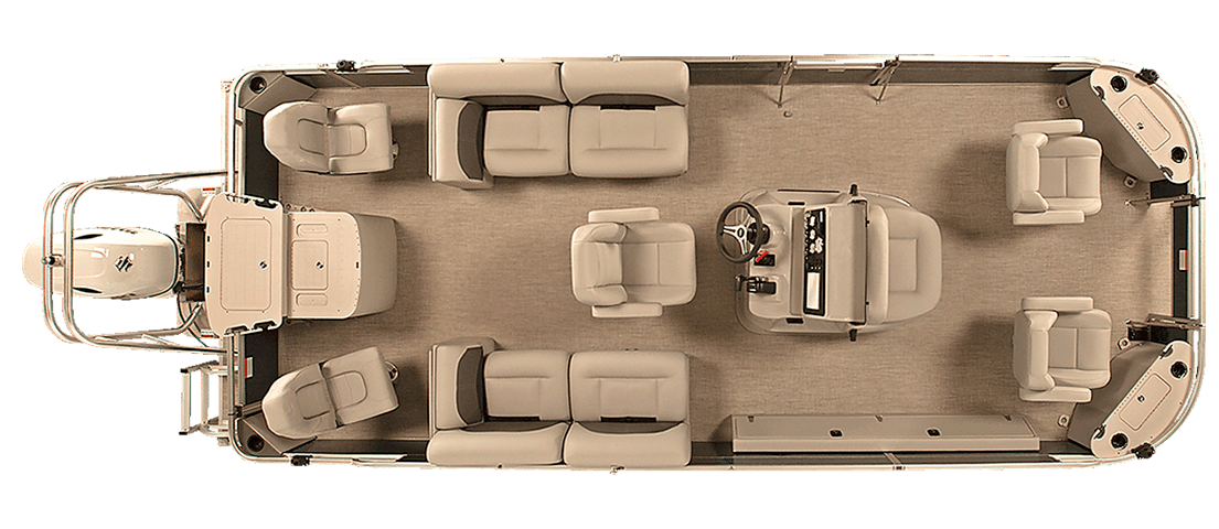 Landau Alure Center Console fishing tritoon boat layout from above showing four fishing seats, 5 livewells, and a spacious furniture layout.